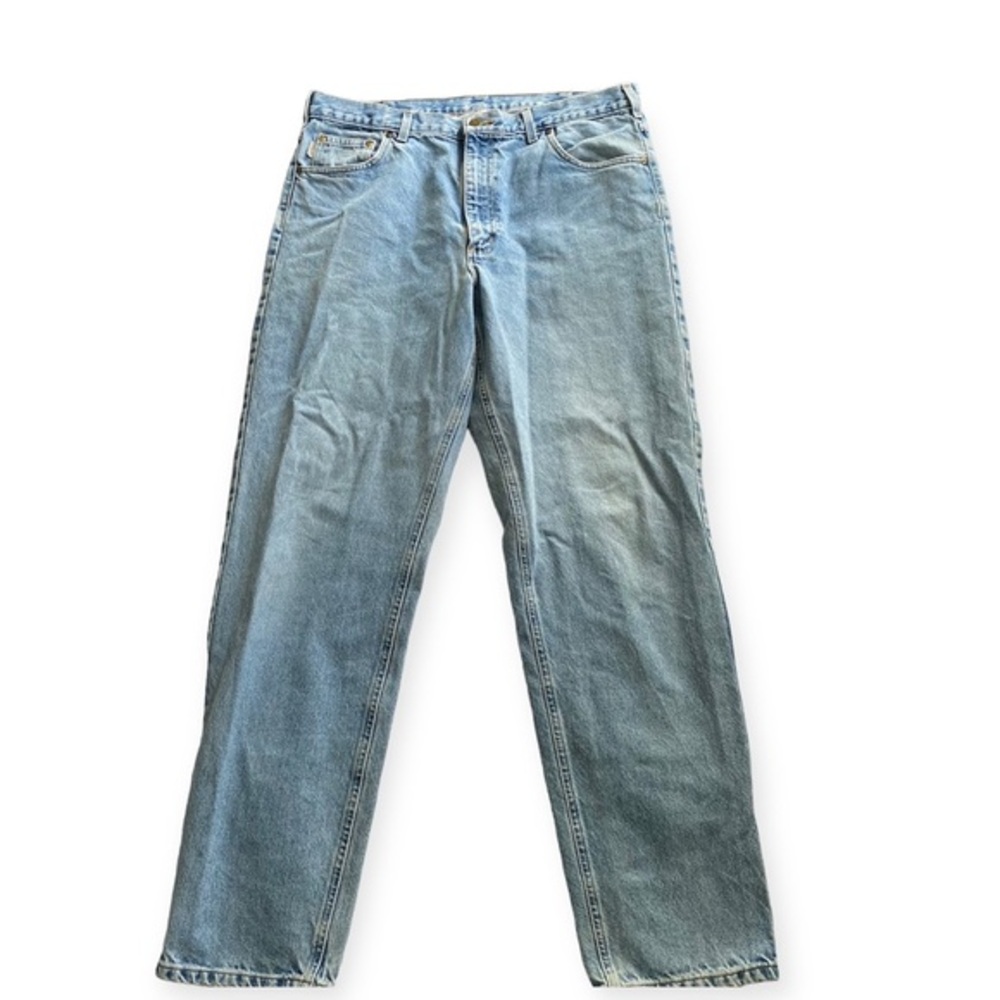 Carhartt Jeans Mens 38X34 Relaxed Fit Distressed Hem Blue Work Wear Denim B17